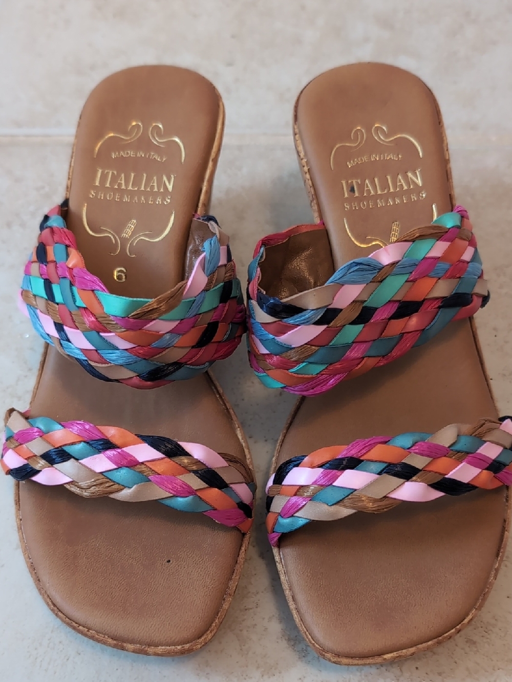Italian Shoemakers Tan Slide Sandals with Multicolor Braided Straps